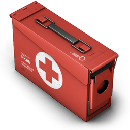 Picture of an red Ammunition Box with an red Cross in a white filled Circle on it.